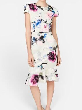 Betsey Johnson NWT Floral Scuba Sheath Dress Ruffle Hem White Pink Size 2